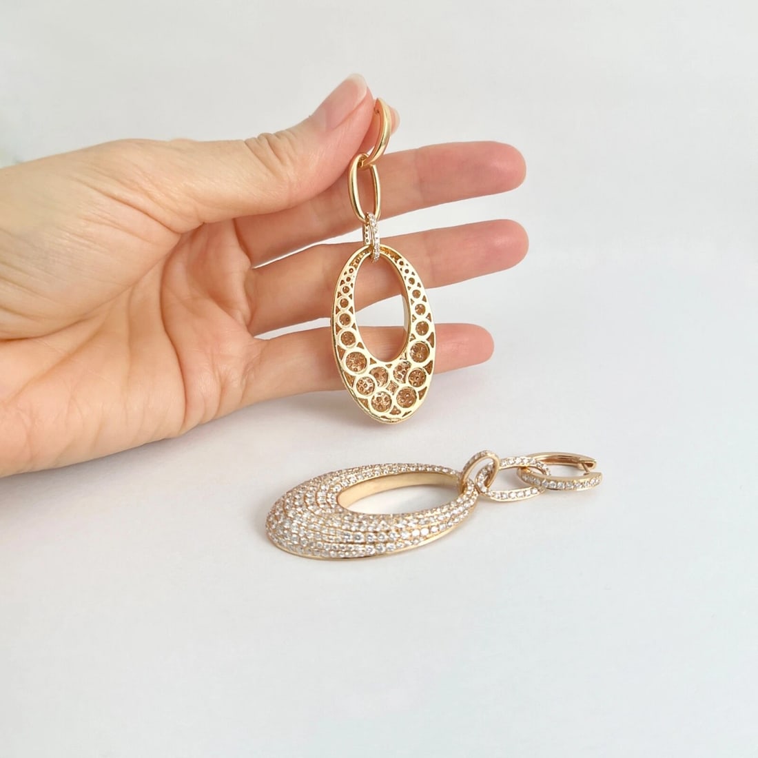 Pave Diamond Hanging Oval Dangle Drop Earrings 18K Pink Rose Gold 7.52 CTW - 8