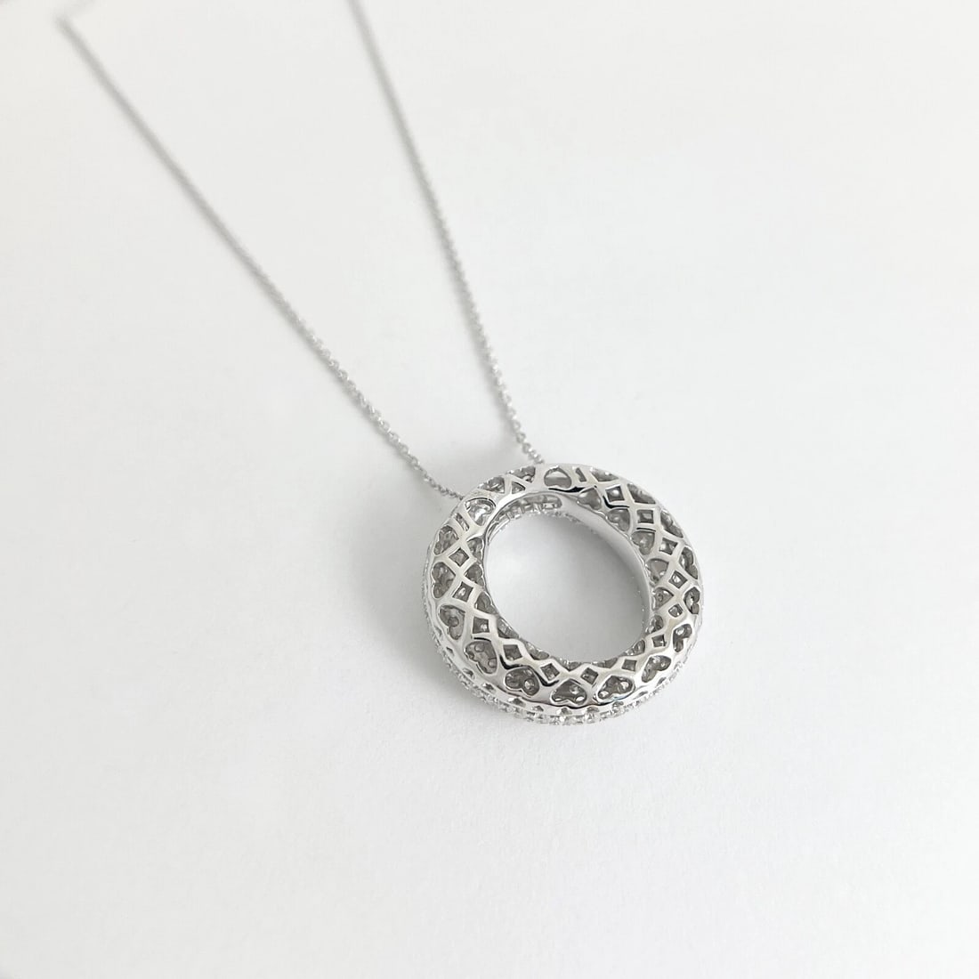 Pave Diamond Open Puff Circle Pendant Necklace 18K 14K White Gold, 3.34 CTW - 6