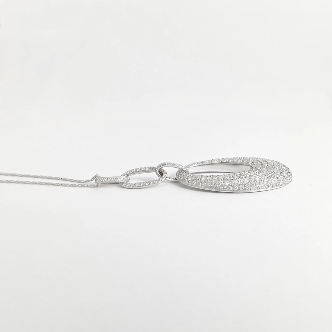Hanging Oval Pave Diamond Pendant Necklace 18K White Gold, 3.76 CTW - 5