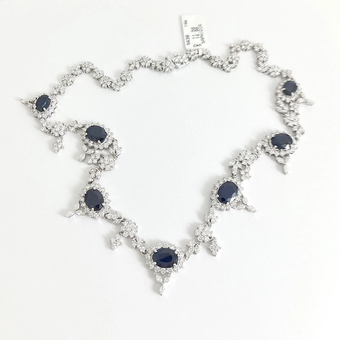 Oval Blue Sapphire Diamond Halo Festoon Fancy Necklace 18K White Gold, 26.52 CTW - 6