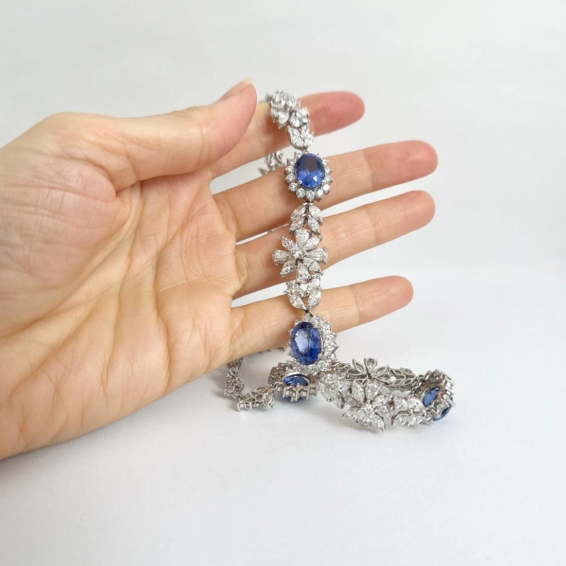 Sapphire Diamond Flower Halo Gemstone Fancy Necklace Platinum 49.71 CTW - 5