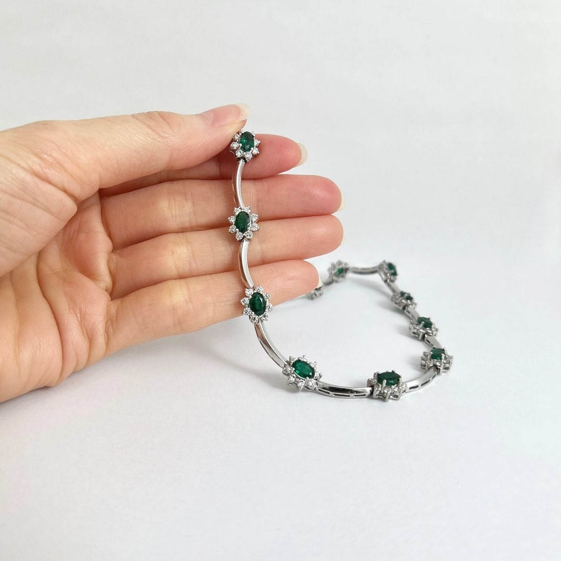 Green Emerald Diamond Halo Gemstone Bar Station Necklace 14K White Gold 12.43 TW - 3