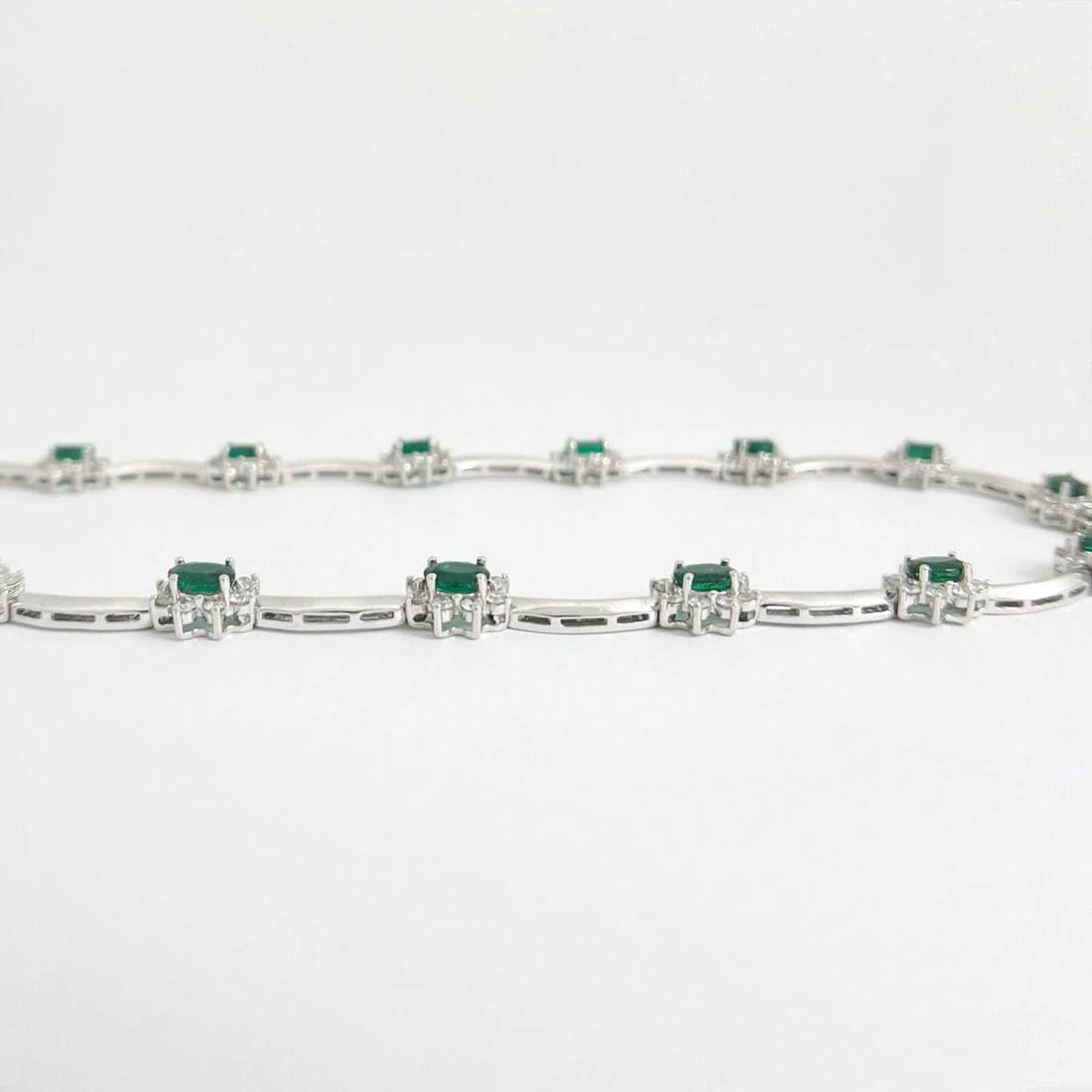 Green Emerald Diamond Halo Gemstone Bar Station Necklace 14K White Gold 12.43 TW - 5