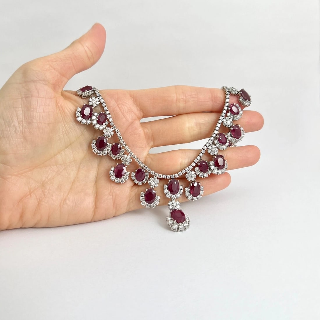 Oval Ruby Diamond Halo Gemstone Festoon Bib Necklace 18K White Gold, 62.92 CTW - 2