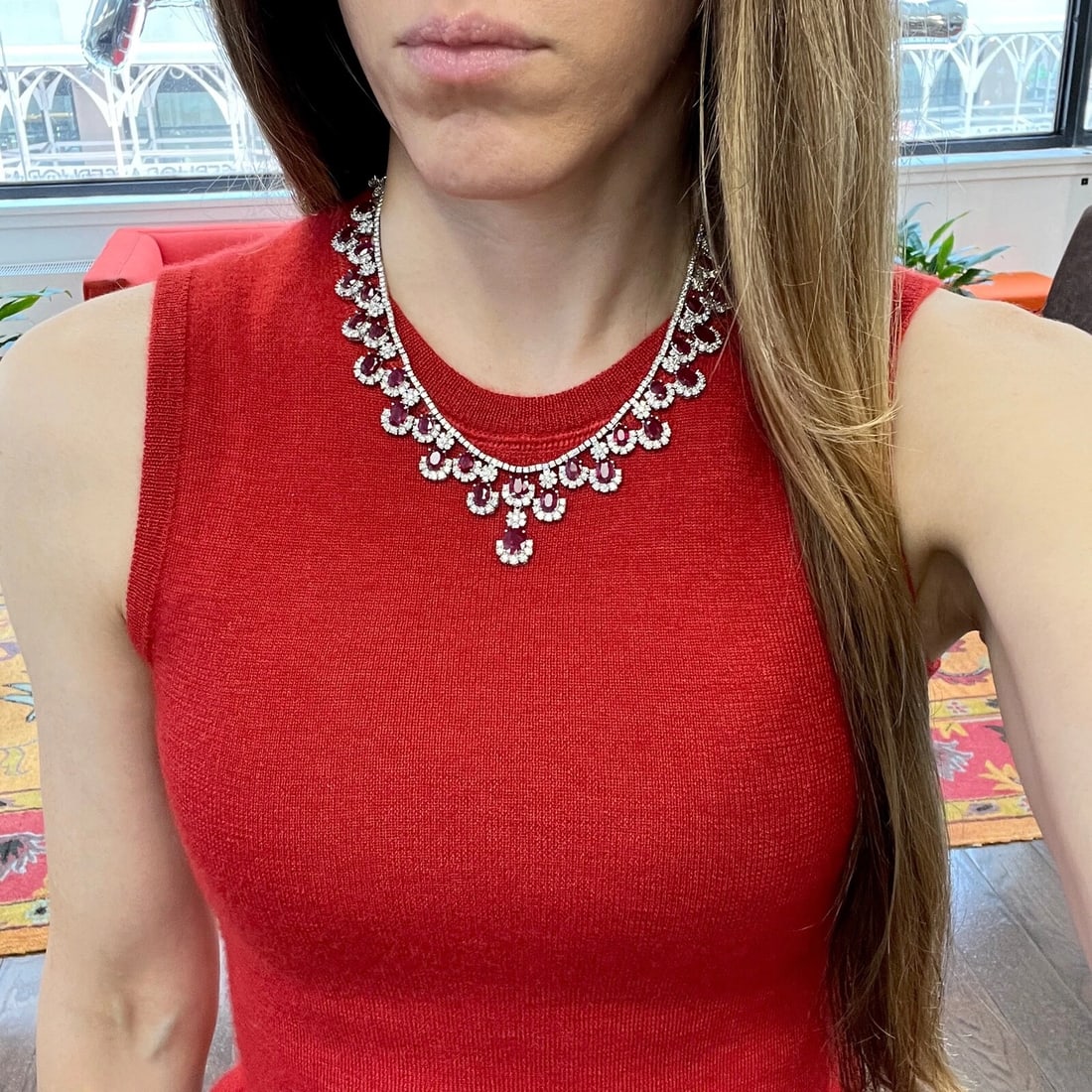 Oval Ruby Diamond Halo Gemstone Festoon Bib Necklace 18K White Gold, 62.92 CTW - 3