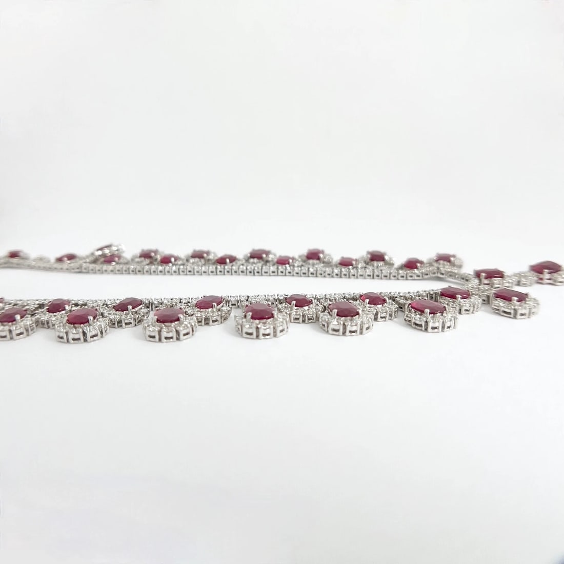 Oval Ruby Diamond Halo Gemstone Festoon Bib Necklace 18K White Gold, 62.92 CTW - 5