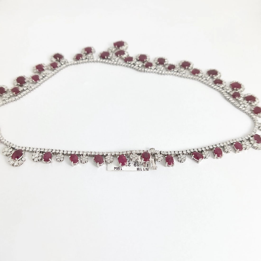 Oval Ruby Diamond Halo Gemstone Festoon Bib Necklace 18K White Gold, 62.92 CTW - 6