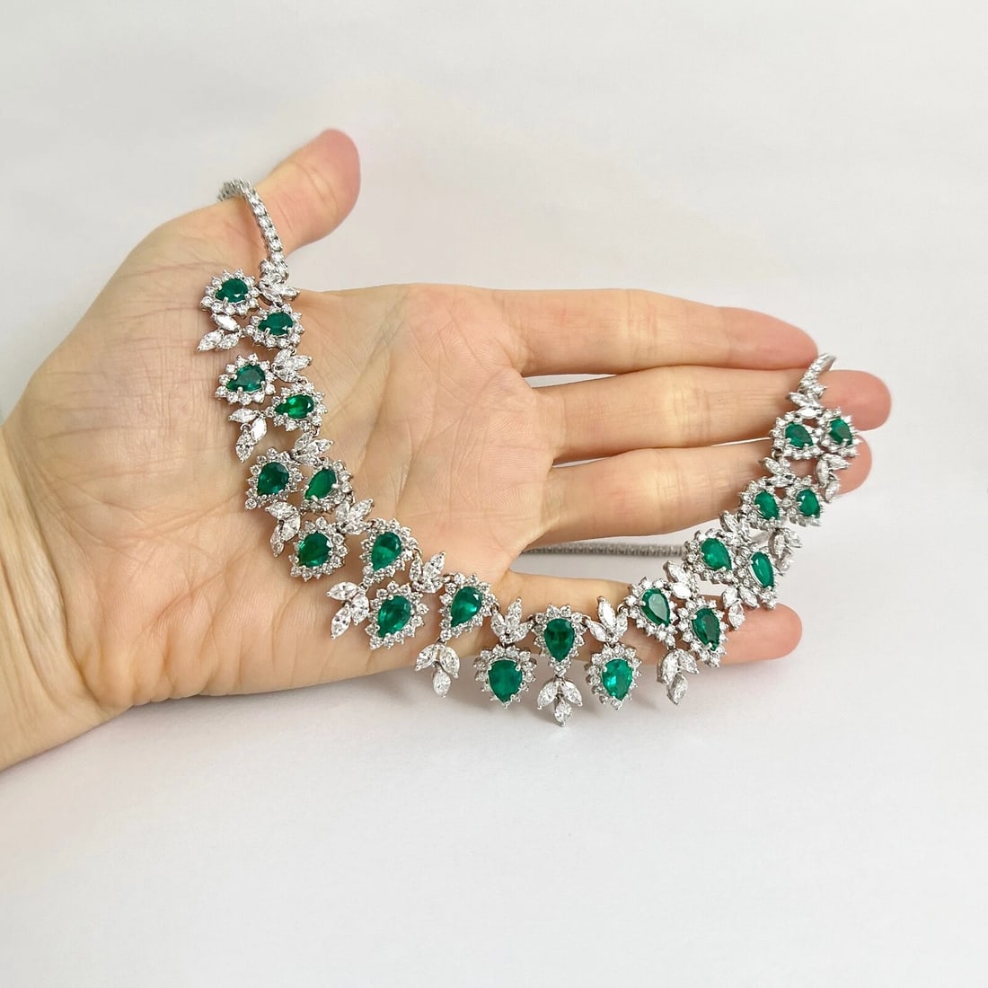 Green Emerald Diamond Halo Gemstone Festoon Bib Necklace 18K White Gold 19.77 TW - 2
