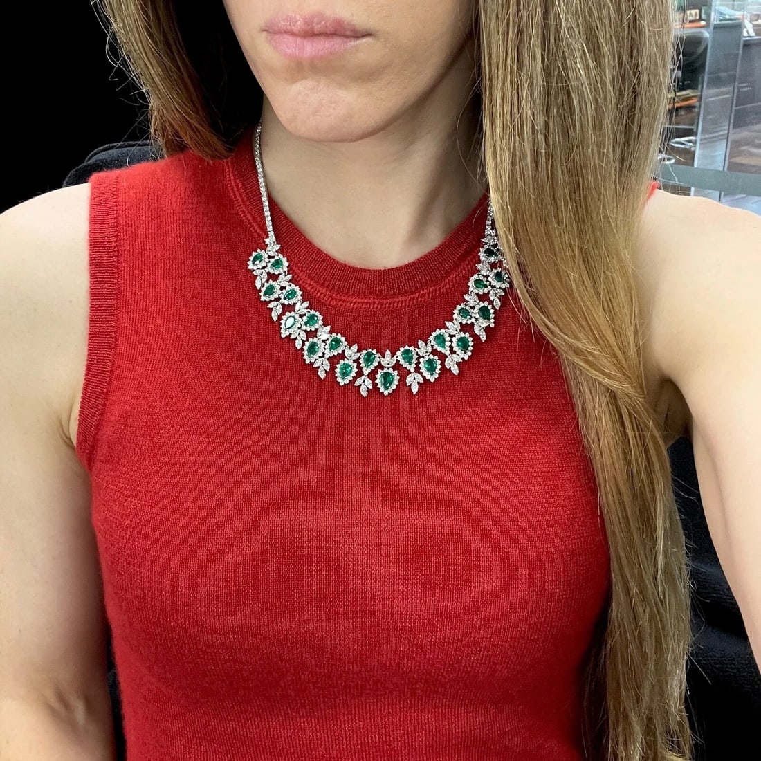 Green Emerald Diamond Halo Gemstone Festoon Bib Necklace 18K White Gold 19.77 TW - 3
