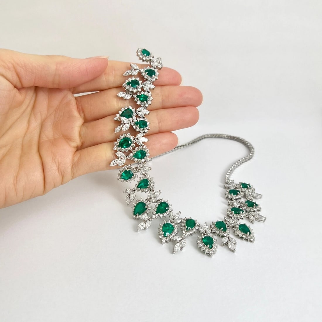 Green Emerald Diamond Halo Gemstone Festoon Bib Necklace 18K White Gold 19.77 TW - 4