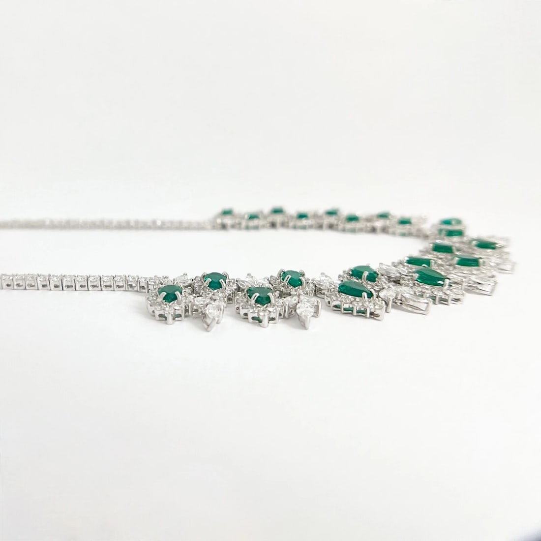 Green Emerald Diamond Halo Gemstone Festoon Bib Necklace 18K White Gold 19.77 TW - 6