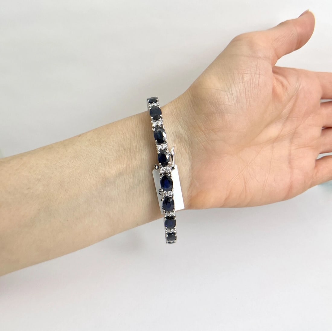 Oval Blue Sapphire Diamond Gemstone Tennis Bracelet 18K White Gold, 22.69 CTW - 5