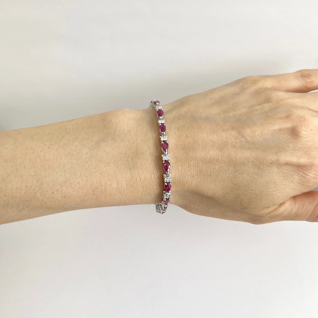 Pear Ruby Diamond Gemstone Tennis Bracelet 14K White Gold, 6.39 CTW - 3