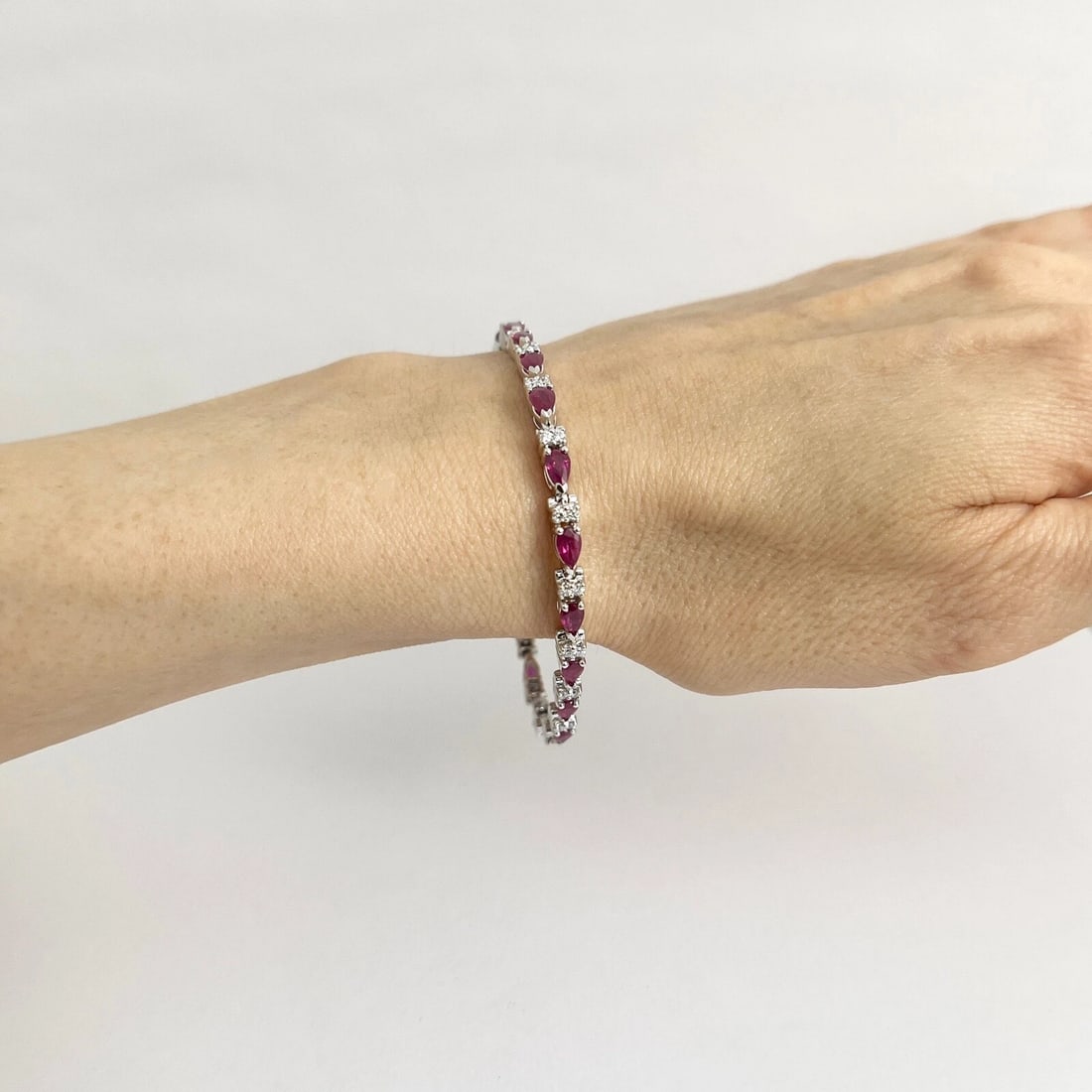 Pear Ruby Diamond Gemstone Tennis Bracelet 14K White Gold, 6.39 CTW - 4