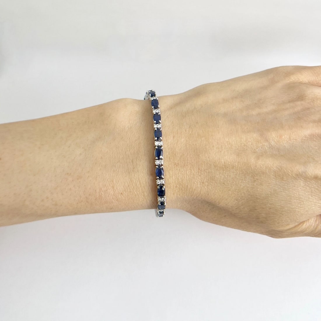 Oval Blue Sapphire Diamond Gemstone Tennis Bracelet 14K White Gold, 8.81 CTW - 3