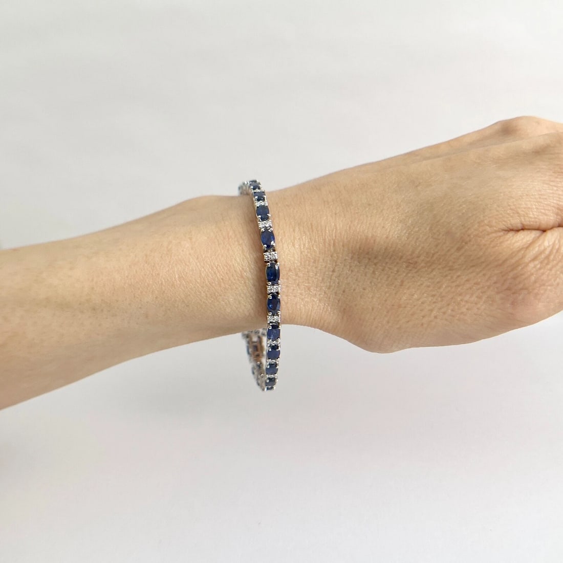 Oval Blue Sapphire Diamond Gemstone Tennis Bracelet 14K White Gold, 8.81 CTW - 4