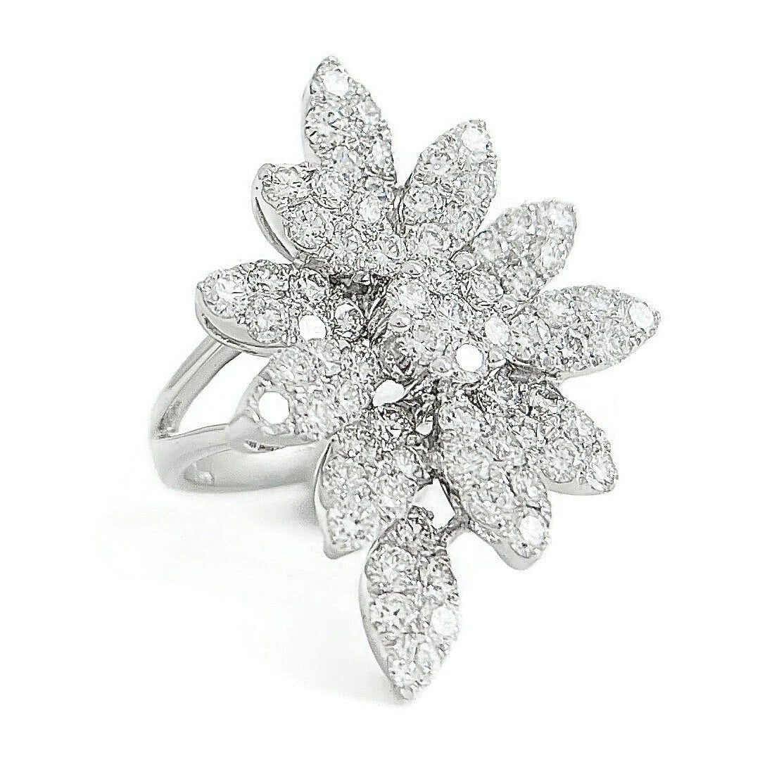 Large Pave Diamond Petal Flower Cocktail Ring 18K White Gold, 2.51 CTW: Large Pave Diamond Petal Flower Cocktail Ring 18K White Gold, 2.51 CTW This is a gorgeous cocktail ring. Don't hesitate to ask any questions! Diamonds: 73 round brilliant cuts 2.51 ctw, F-G, VS2-SI1