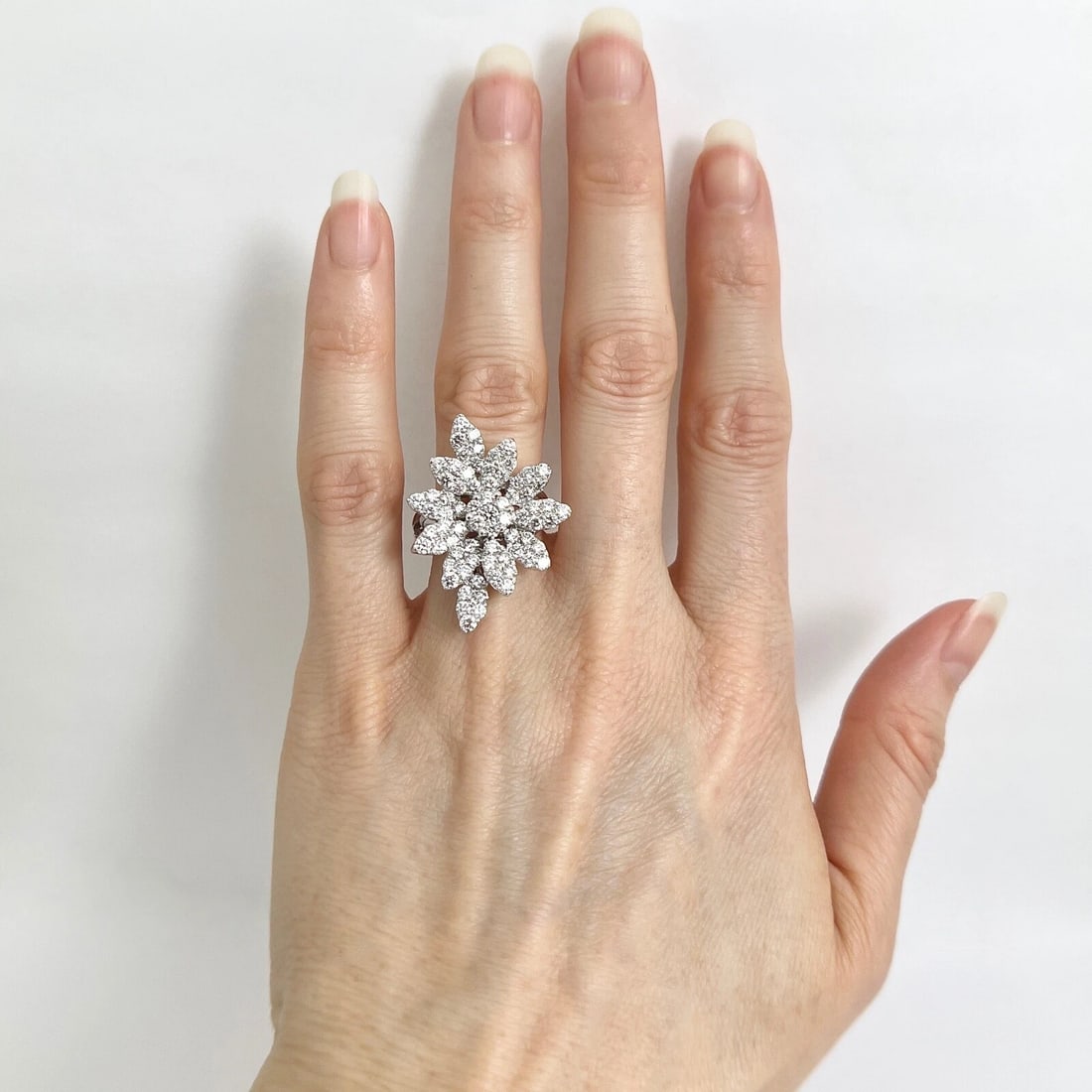 Large Pave Diamond Petal Flower Cocktail Ring 18K White Gold, 2.51 CTW - 2