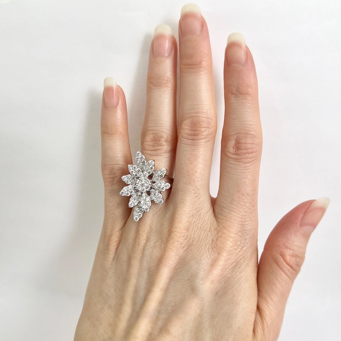Large Pave Diamond Petal Flower Cocktail Ring 18K White Gold, 2.51 CTW - 3