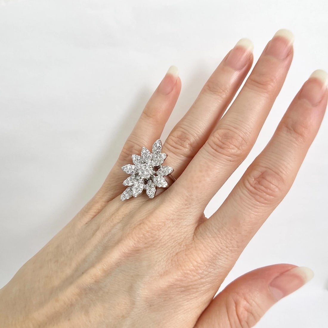 Large Pave Diamond Petal Flower Cocktail Ring 18K White Gold, 2.51 CTW - 4