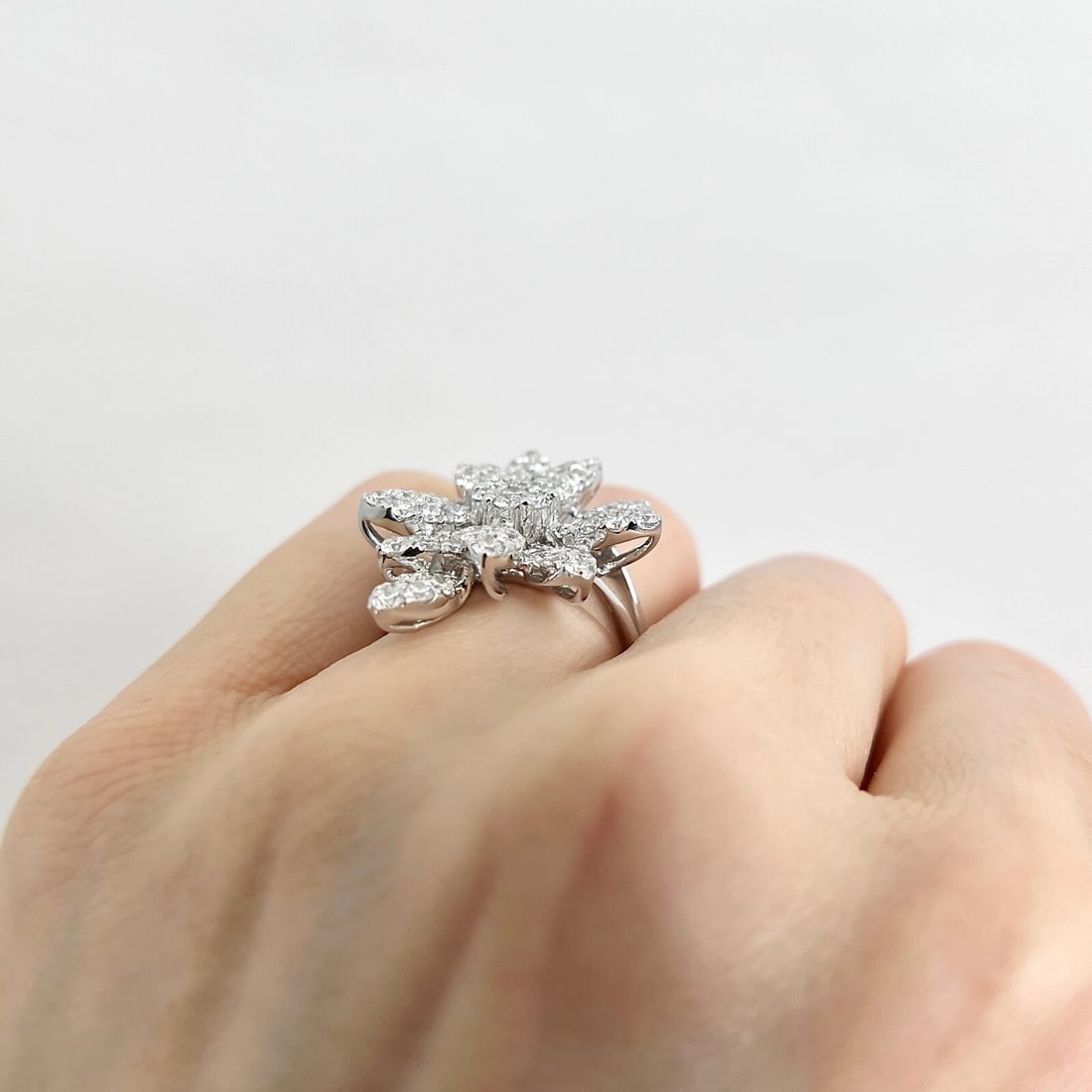 Large Pave Diamond Petal Flower Cocktail Ring 18K White Gold, 2.51 CTW - 6