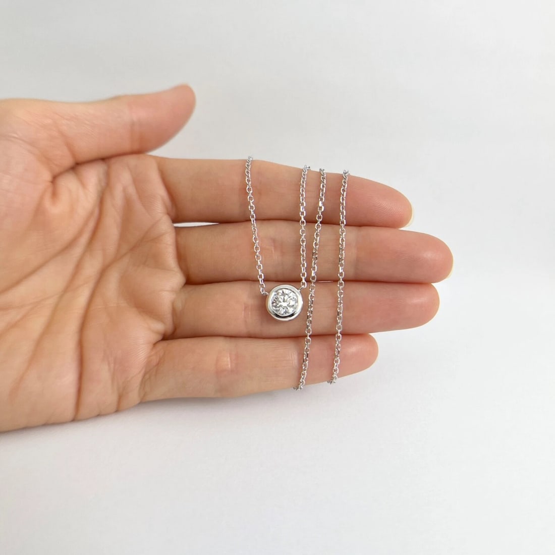 Round Bezel Solitaire Diamond Pendant Necklace 14K White Gold 1.00 CT - 2