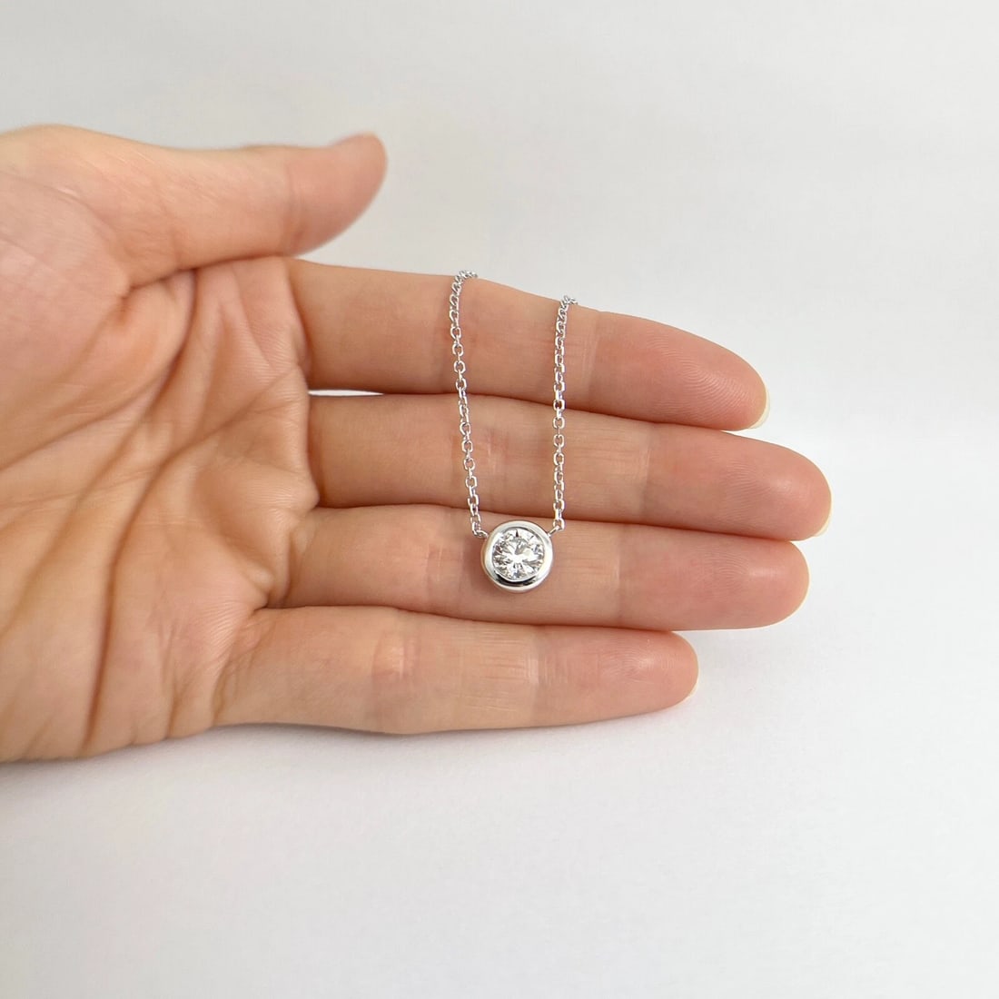 Round Bezel Solitaire Diamond Pendant Necklace 14K White Gold 1.00 CT - 3