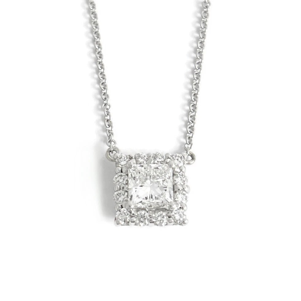 GIA Princess Diamond Square Halo Pendant Necklace 14K White Gold, 1.00 CTW: GIA Princess Diamond Square Halo Pendant Necklace 14K White Gold, 1.00 CTW Make a statement with this gorgeous diamond necklace. Please let us know if you have any questions. Diamonds: 1.00 ctw; 1 pri