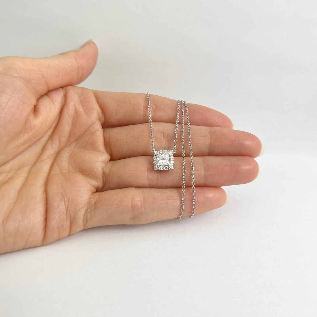 GIA Princess Diamond Square Halo Pendant Necklace 14K White Gold, 1.00 CTW - 2
