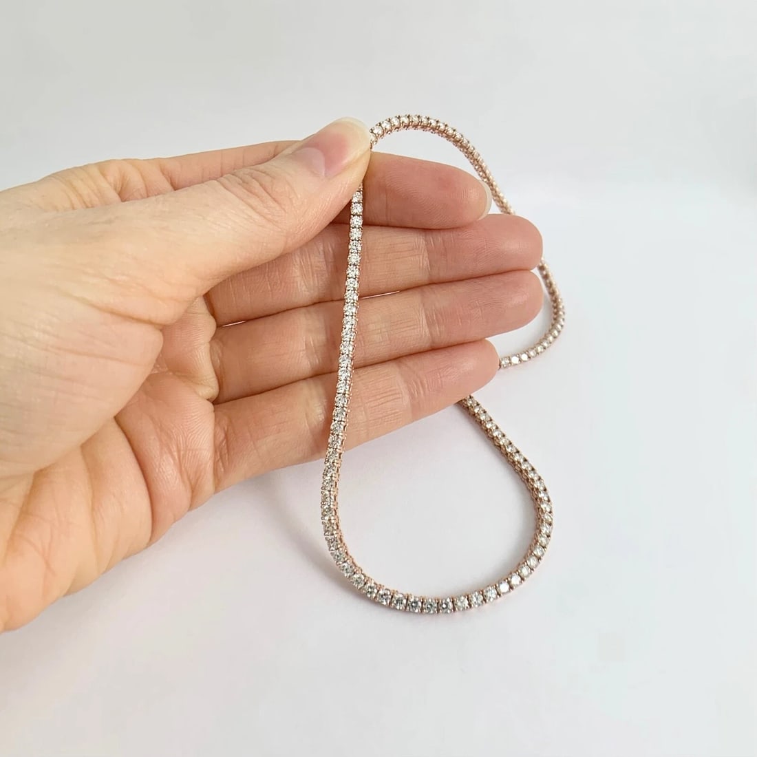 Thin Diamond Tennis Necklace 14K Pink Rose Gold, 18 Inches, 8.50 CTW - 4
