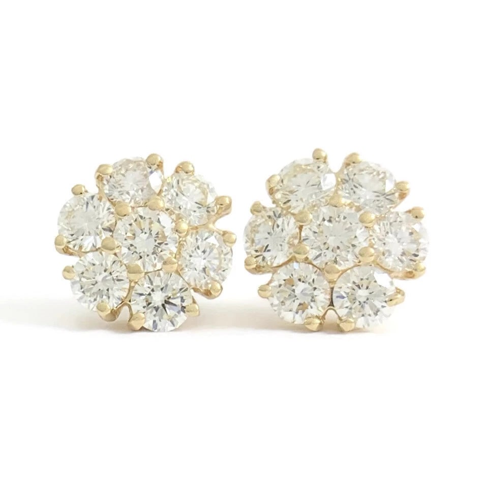 Round Cluster Flower Diamond Stud Earrings 14K Yellow Gold, 3.11 CTW (1 of 6)