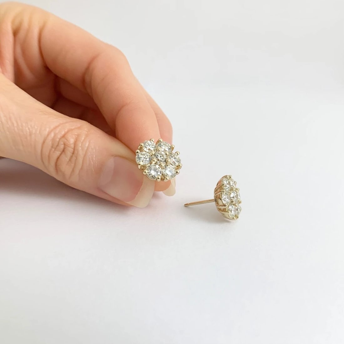 Round Cluster Flower Diamond Stud Earrings 14K Yellow Gold, 3.11 CTW - 3