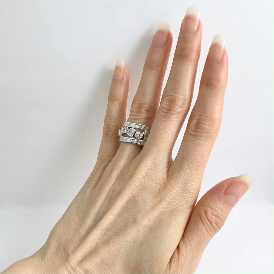 Wide Multishape Diamond Eternity Ring Statement Band 18K White Gold, 4.15 CTW - 4