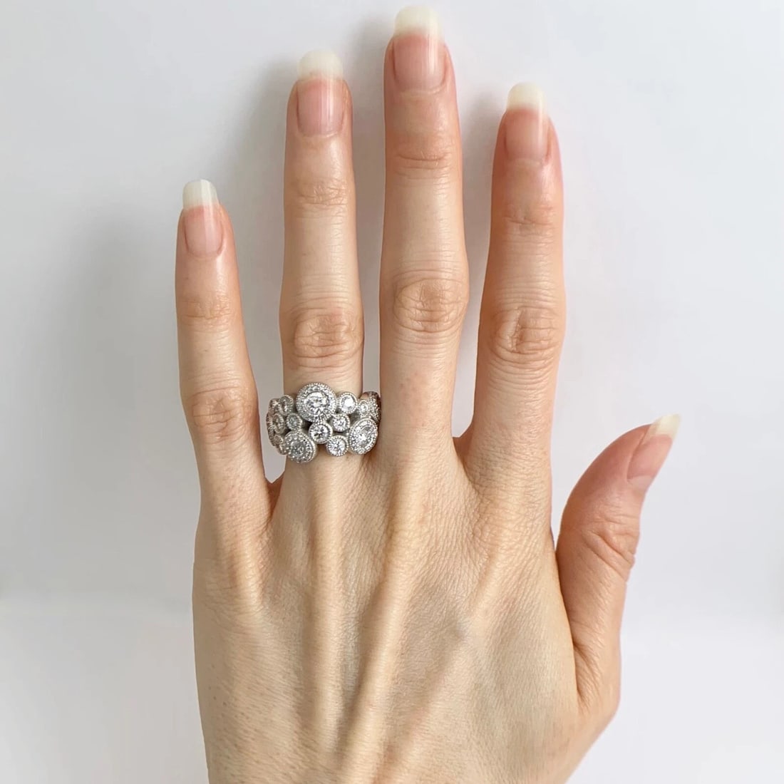 Wide Milgrain Bezel Diamond Statement Cocktail Ring 14K White Gold, 2.38 CTW - 2