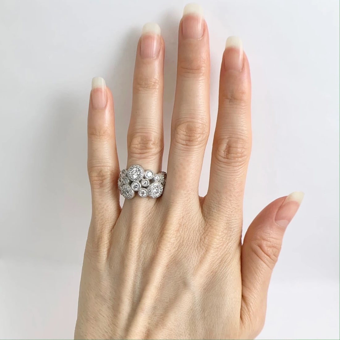 Wide Milgrain Bezel Diamond Statement Cocktail Ring 14K White Gold, 2.38 CTW - 3
