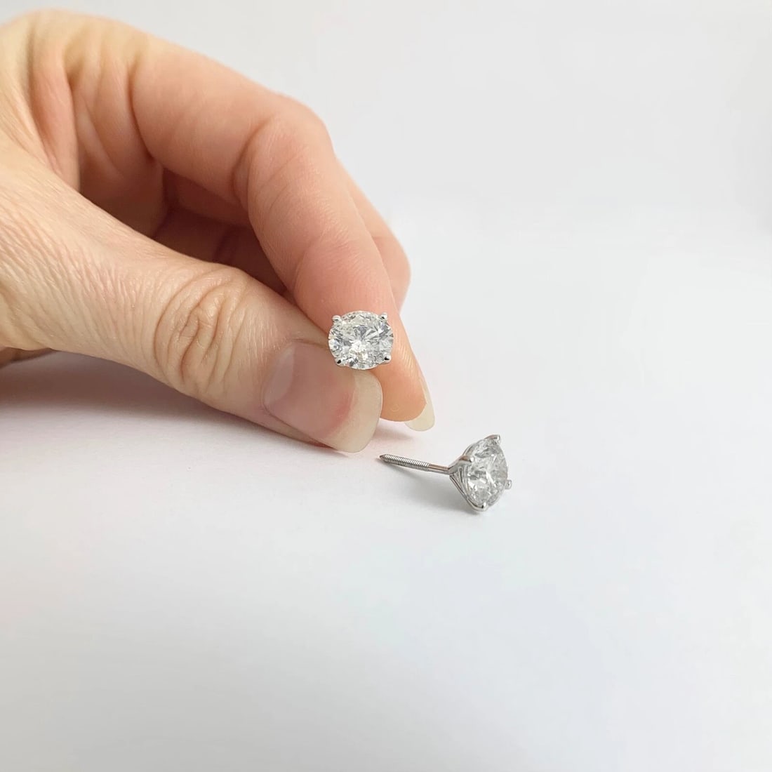 Round Diamond Stud Earrings 14K White Gold 4-Prong Martini Screw Backs 3.17 CTW - 3