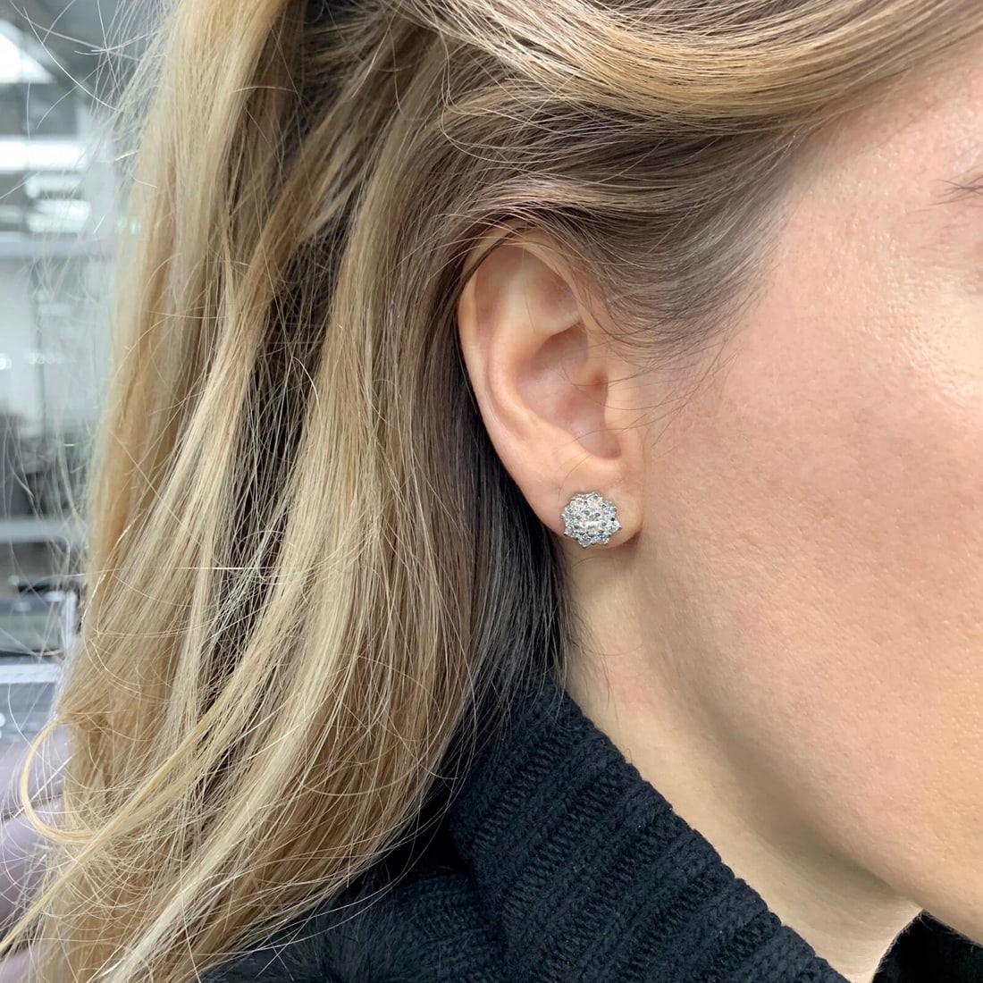 Round Princess Diana Set Diamond Cluster Stud Earrings 14K White Gold 2.14 CTW - 4