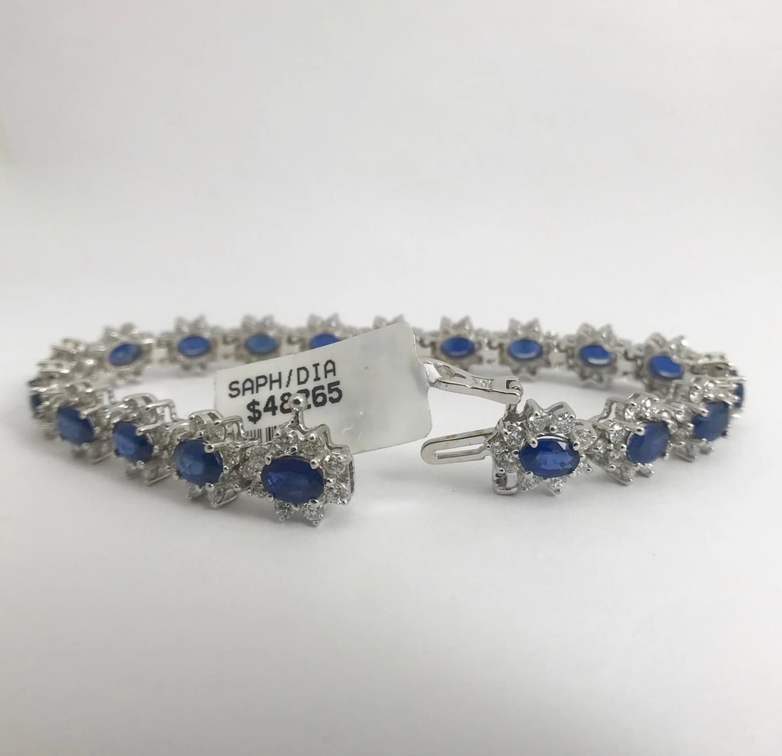 Blue Sapphire Diamond Halo Gemstone Bracelet 18K White Gold, 15.79 CTW, 7 Inches - 10