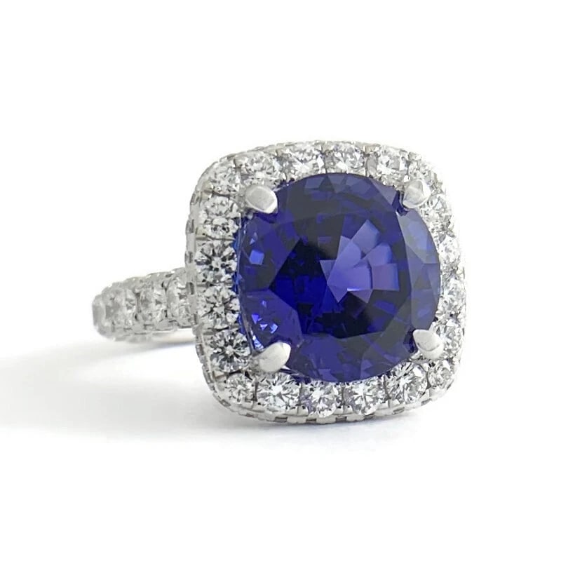 Round Blue Tanzanite Cushion Diamond Halo Statement Ring 18K White Gold 9.12 CTW (1 of 11)