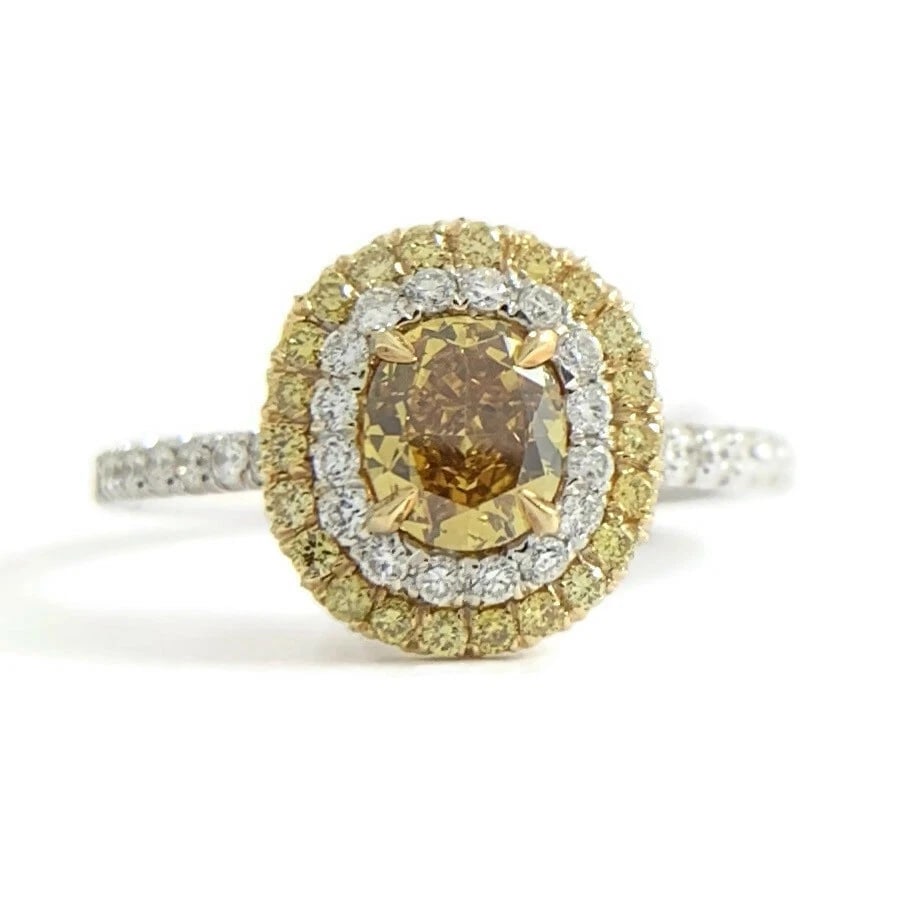 Fancy Yellow Cushion Diamond Double Oval Halo Ring 18K White Gold 1.10 CTW: Fancy Yellow Cushion Diamond Double Oval Halo Ring 18K White Gold 1.10 CTW This is a gorgeous diamond engagement ring! Please let us know if you have any questions! Diamonds: 1.10 ctw; 1 cushion