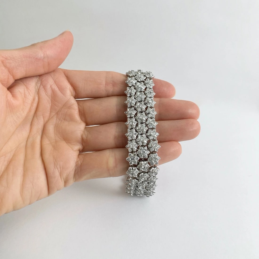Wide Flower Mesh Diamond Bracelet 18K White Gold 18.75 CTW, 7 Inches, 56.60 Gram - 2