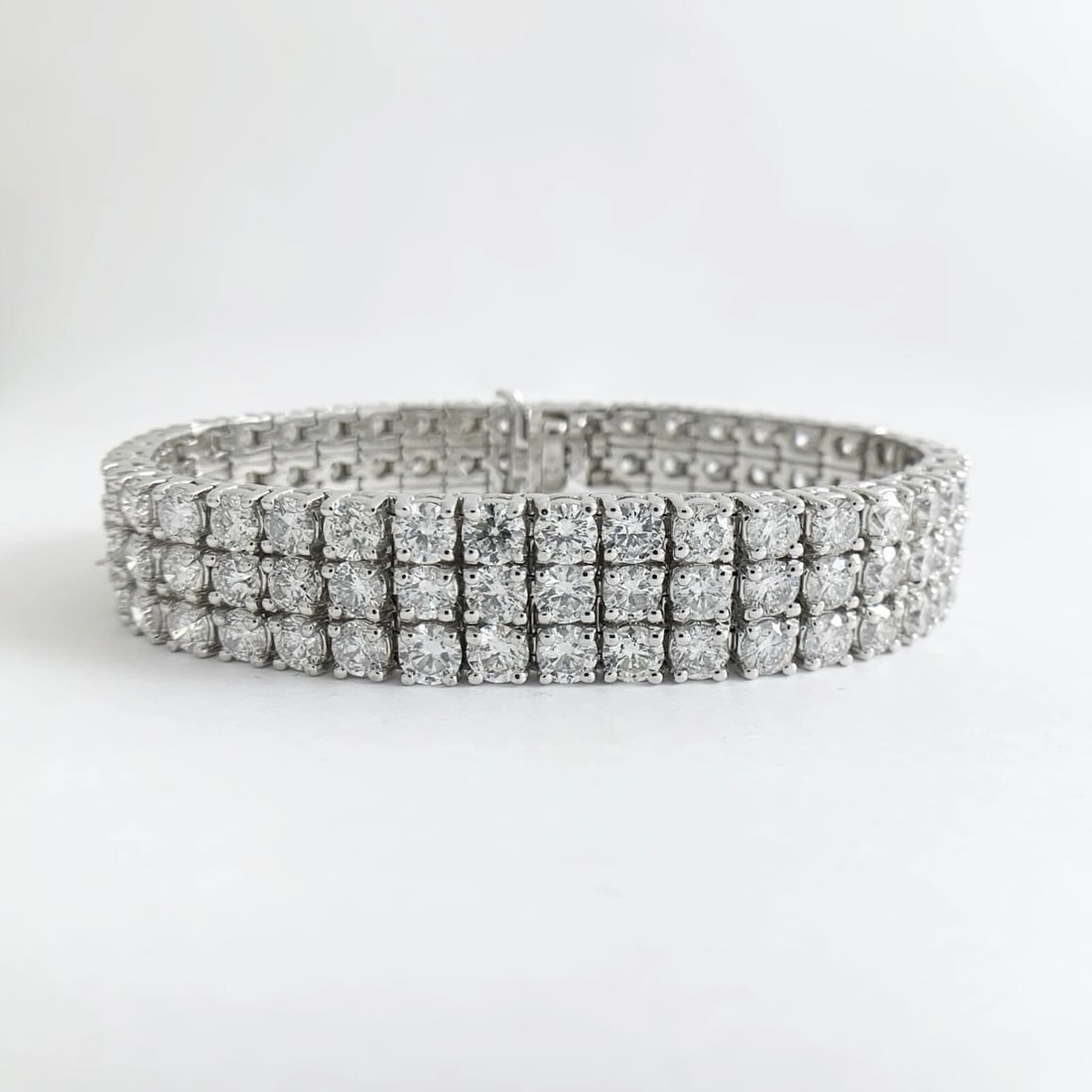 Wide 3-Row Diamond Bracelet 18K White Gold 30.95 CTW, 7 Inches, 63.35 Grams - 6