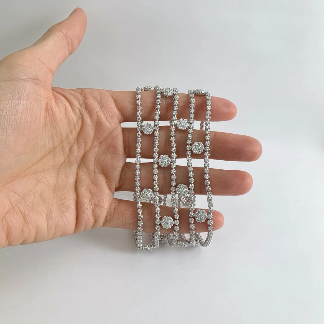 Wide Multistrand Flower Diamond Bracelet 18K White Gold, 12.77 CTW, 49.17 Grams - 2