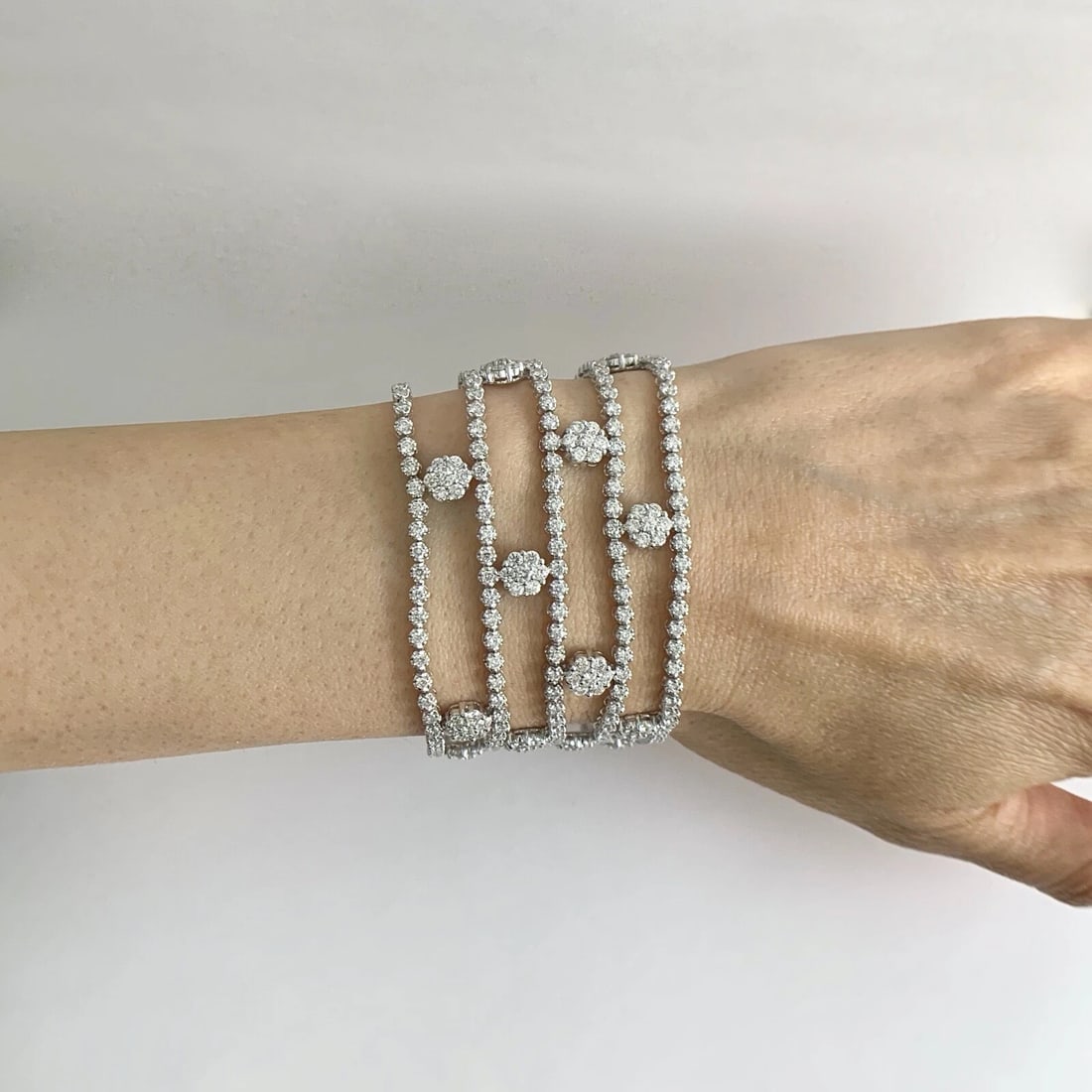 Wide Multistrand Flower Diamond Bracelet 18K White Gold, 12.77 CTW, 49.17 Grams - 3