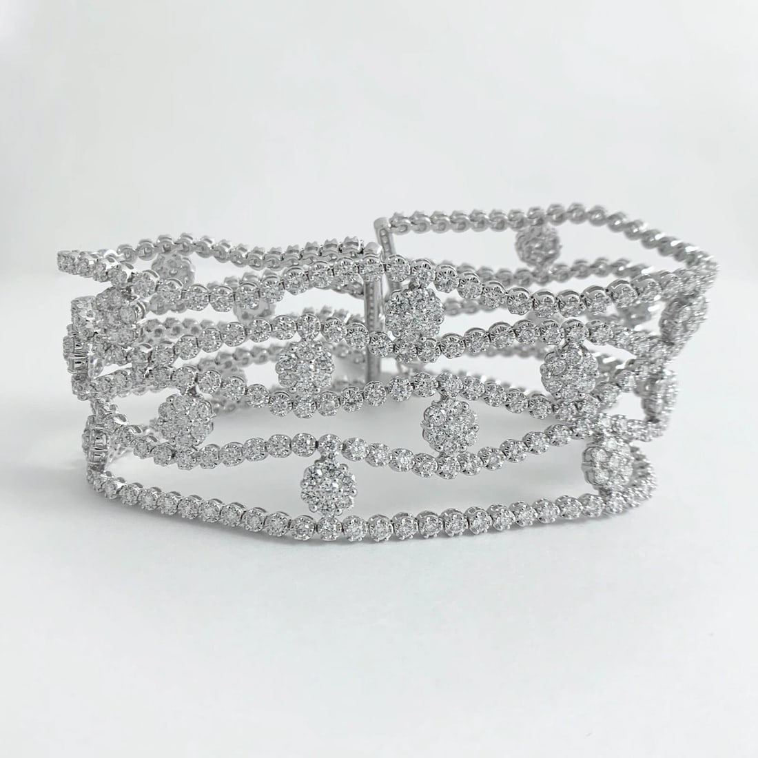 Wide Multistrand Flower Diamond Bracelet 18K White Gold, 12.77 CTW, 49.17 Grams - 6