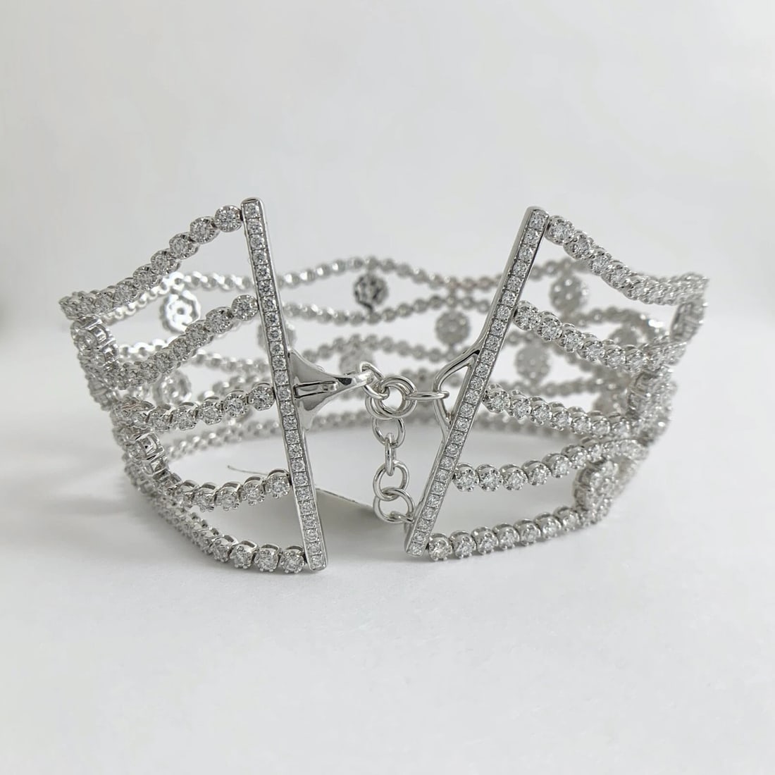 Wide Multistrand Flower Diamond Bracelet 18K White Gold, 12.77 CTW, 49.17 Grams - 7