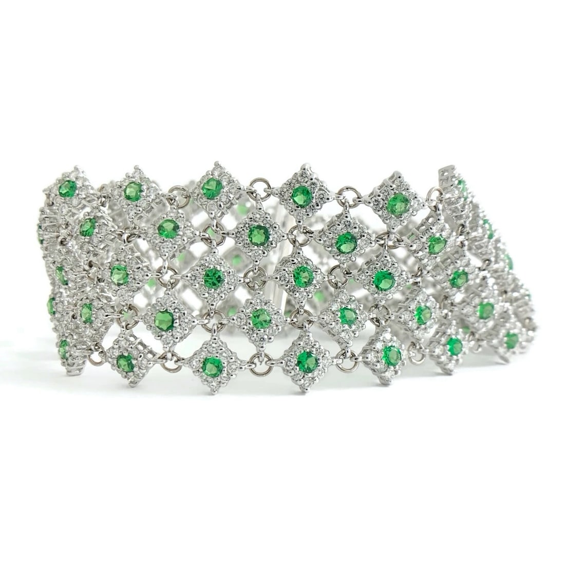 Wide Green Garnet Gemstone Diamond Bracelet 18K White Gold, 13.50 CTW, 35.67 Gr (1 of 9)