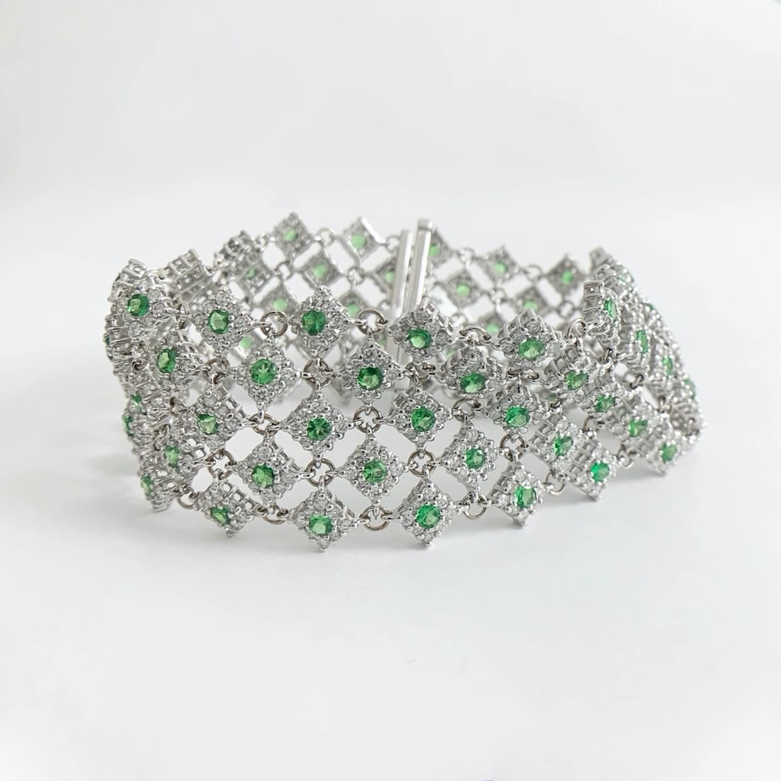Wide Green Garnet Gemstone Diamond Bracelet 18K White Gold, 13.50 CTW, 35.67 Gr - 6