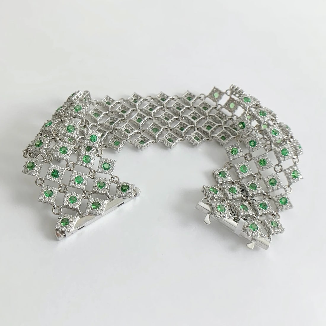 Wide Green Garnet Gemstone Diamond Bracelet 18K White Gold, 13.50 CTW, 35.67 Gr - 8