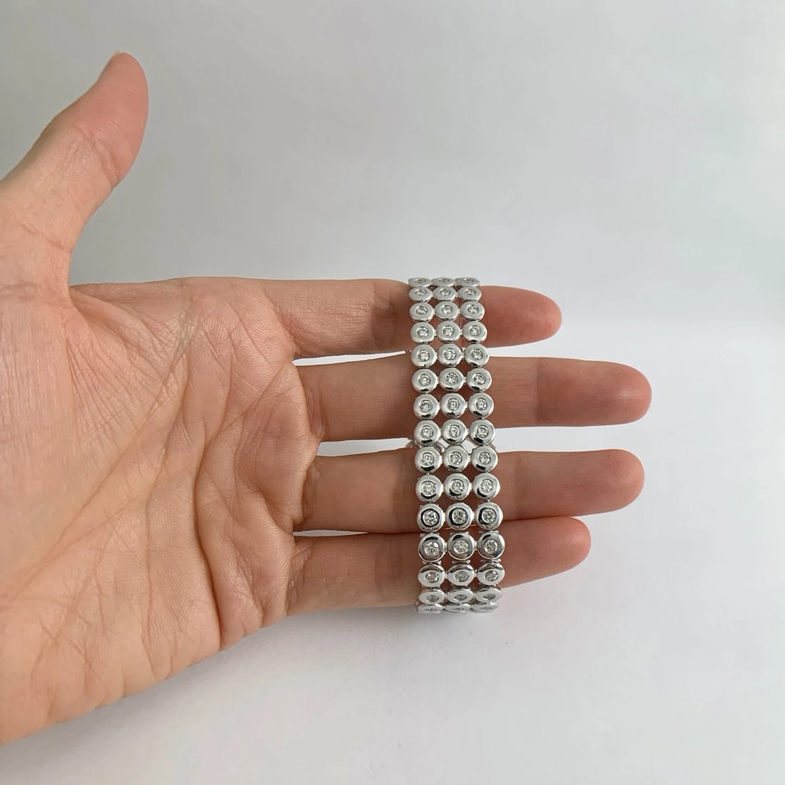 Wide 3-Row Bezel Diamond Bracelet 14K White Gold 7 Inches, 6.45 CTW, 43.60 Grams - 2